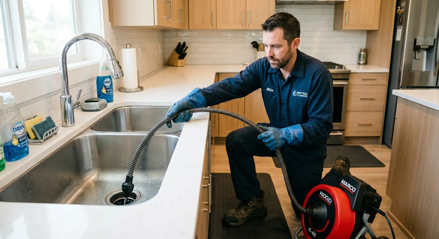 Drain cleaning technician using a motorized snake on a kitchen sink in Endicott