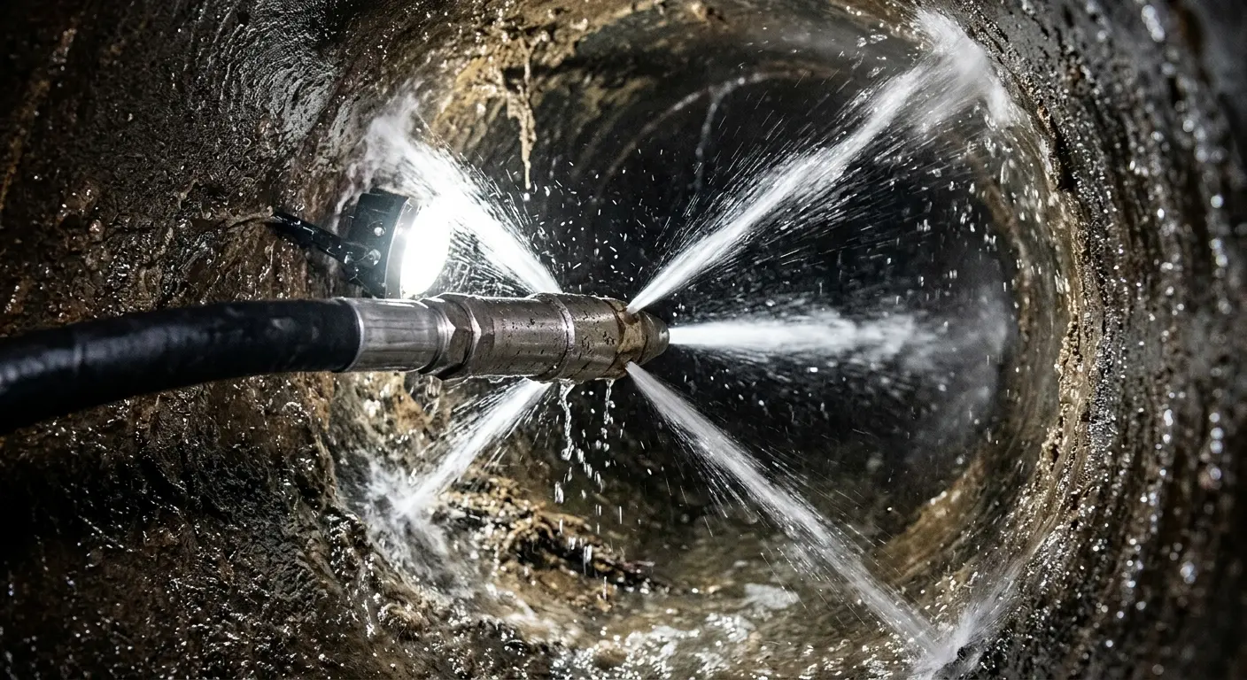 High-pressure hydro jetting nozzle cleaning sewer pipe for Emergency Drain Service in Endicott