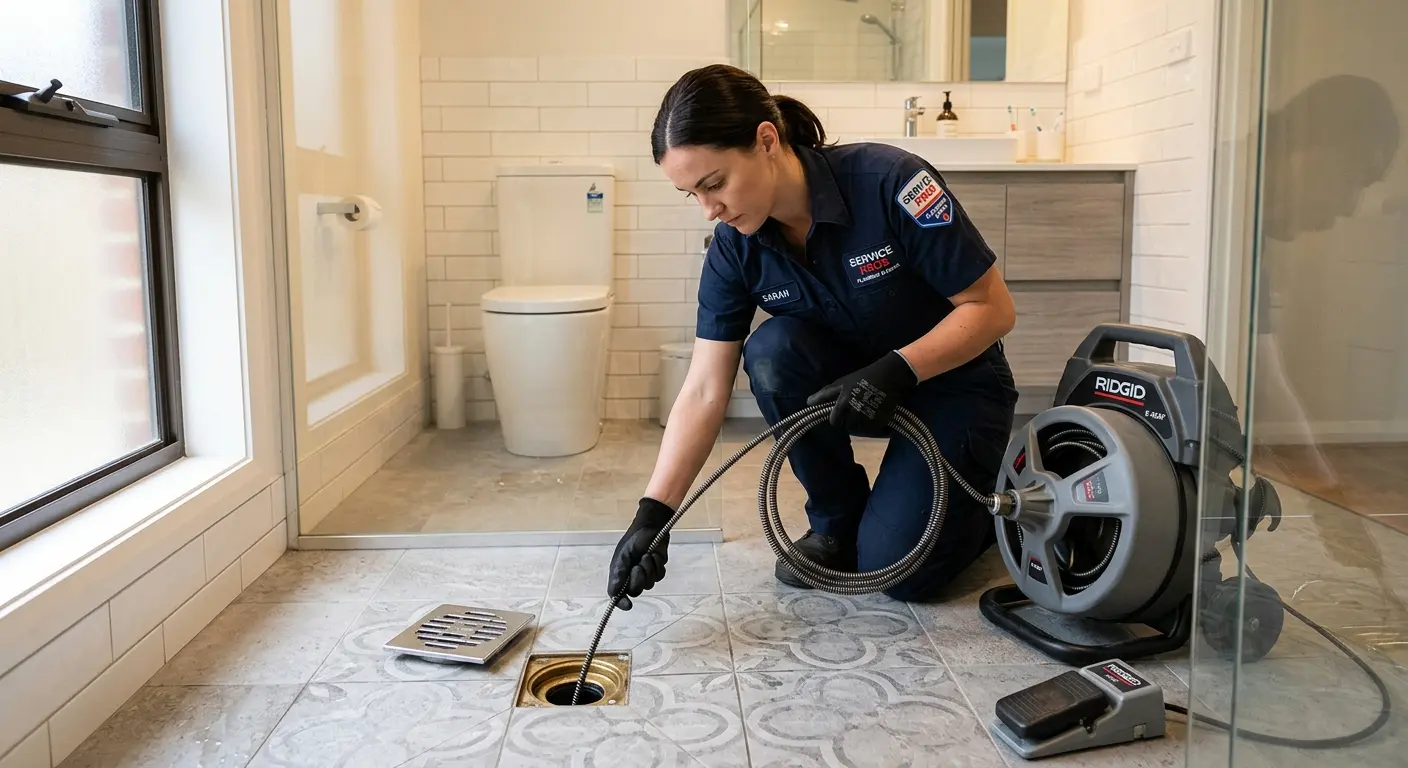 Technician clearing a bathroom floor drain for Clogged Drain Repair in Endicott